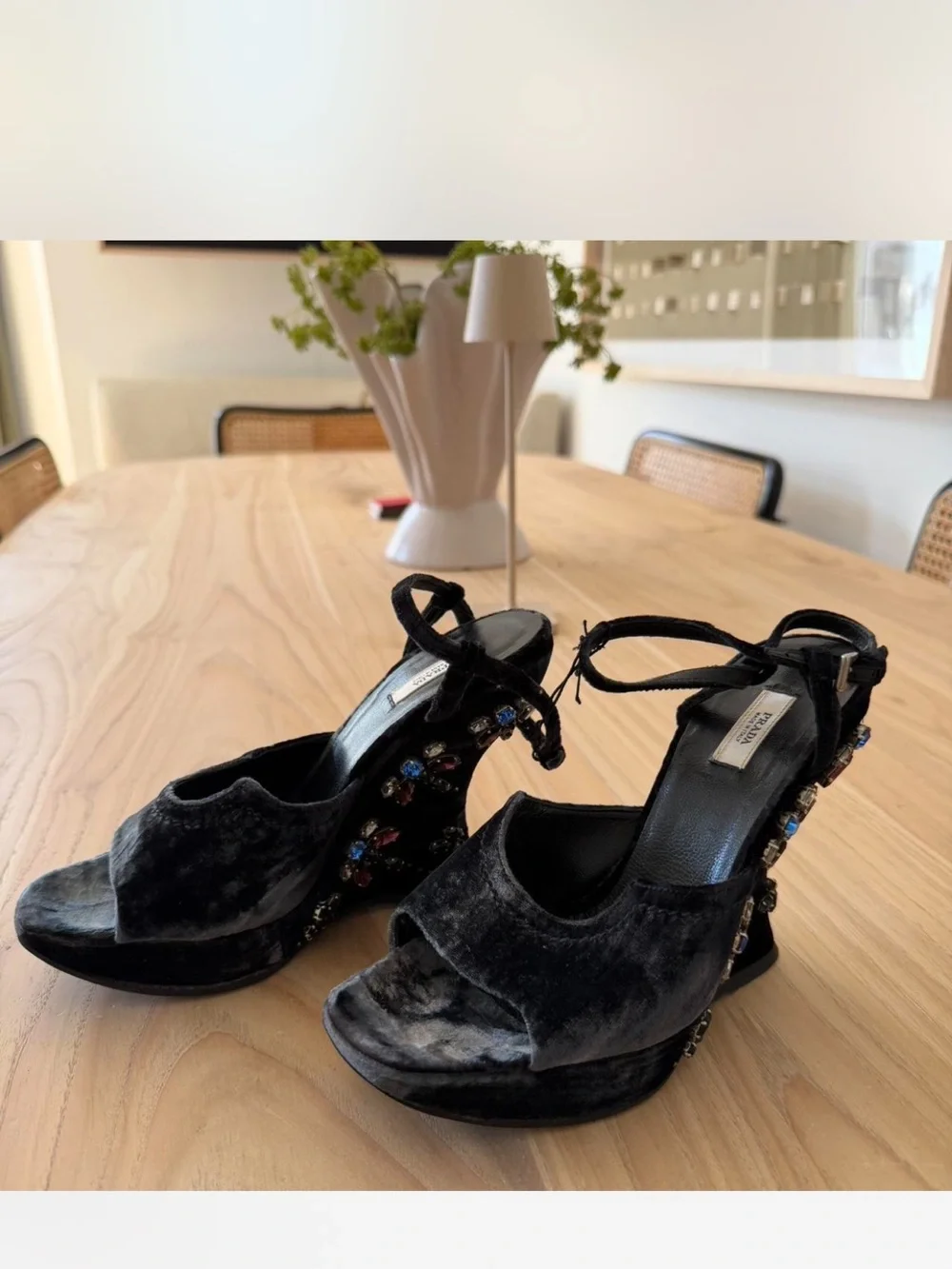 Prada Velvet Jeweled Wedge Heels
